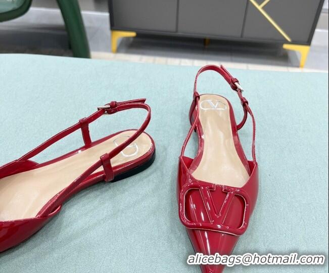 Top Quality Valentino VLOGO SIGNATURE Patent Leather Slingback Flat Ballerina Deep Red 0105068