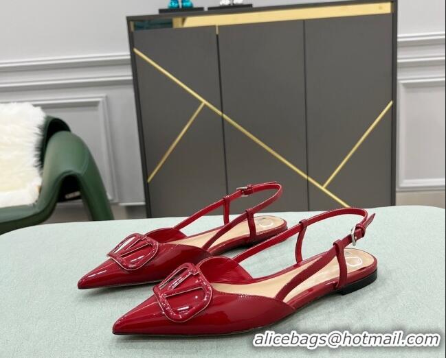 Top Quality Valentino VLOGO SIGNATURE Patent Leather Slingback Flat Ballerina Deep Red 0105068