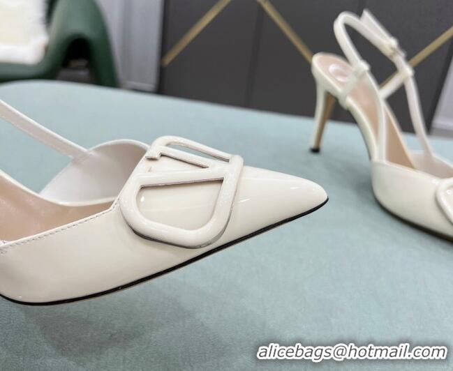 Super Quality Valentino VLOGO SIGNATURE Patent Leather Slingback Pump with 8cm Heel White 0106051