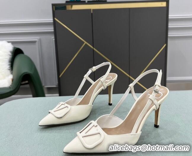 Super Quality Valentino VLOGO SIGNATURE Patent Leather Slingback Pump with 8cm Heel White 0106051