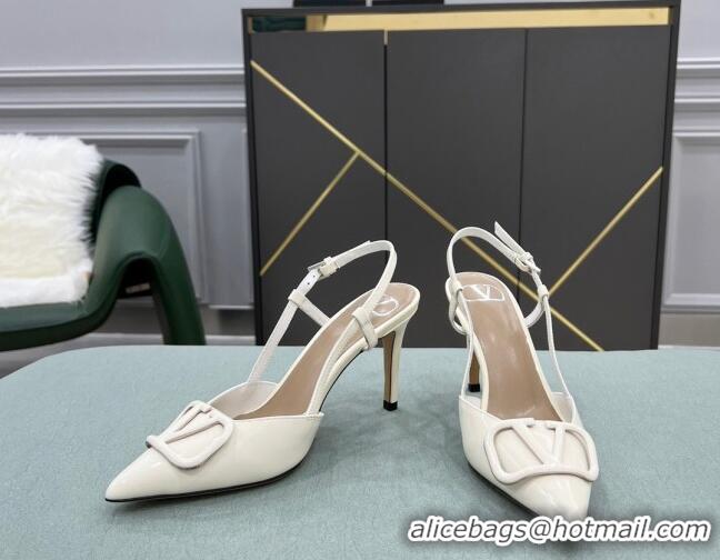 Super Quality Valentino VLOGO SIGNATURE Patent Leather Slingback Pump with 8cm Heel White 0106051