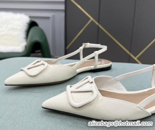 Good Quality Valentino VLOGO SIGNATURE Patent Leather Slingback Flat Ballerina White 0106053