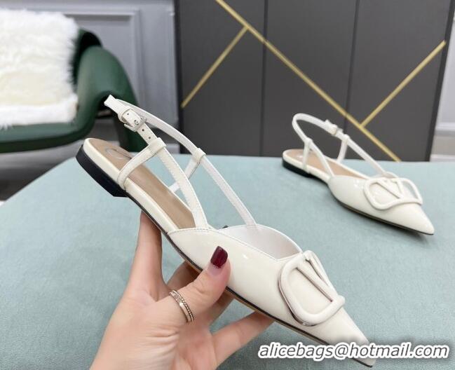 Good Quality Valentino VLOGO SIGNATURE Patent Leather Slingback Flat Ballerina White 0106053