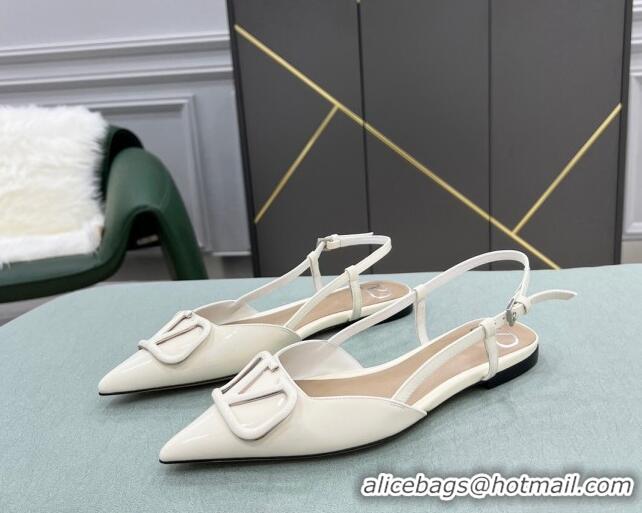 Good Quality Valentino VLOGO SIGNATURE Patent Leather Slingback Flat Ballerina White 0106053