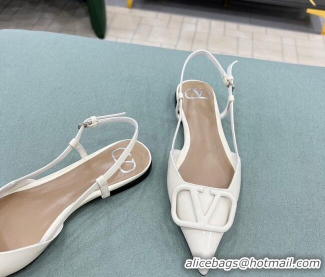 Good Quality Valentino VLOGO SIGNATURE Patent Leather Slingback Flat Ballerina White 0106053