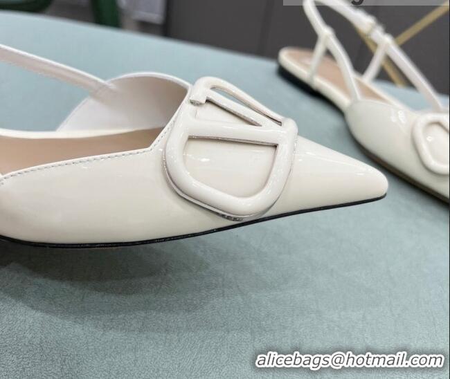 Good Quality Valentino VLOGO SIGNATURE Patent Leather Slingback Flat Ballerina White 0106053