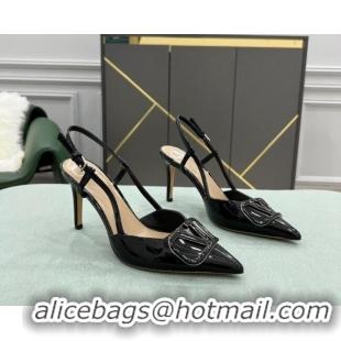 Low Cost Valentino VLOGO SIGNATURE Patent Leather Slingback Pump with 8cm Heel Black 0106054