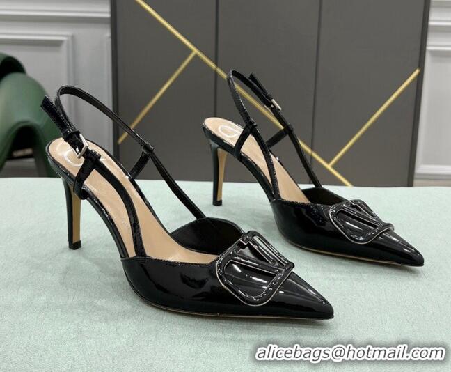 Low Cost Valentino VLOGO SIGNATURE Patent Leather Slingback Pump with 8cm Heel Black 0106054