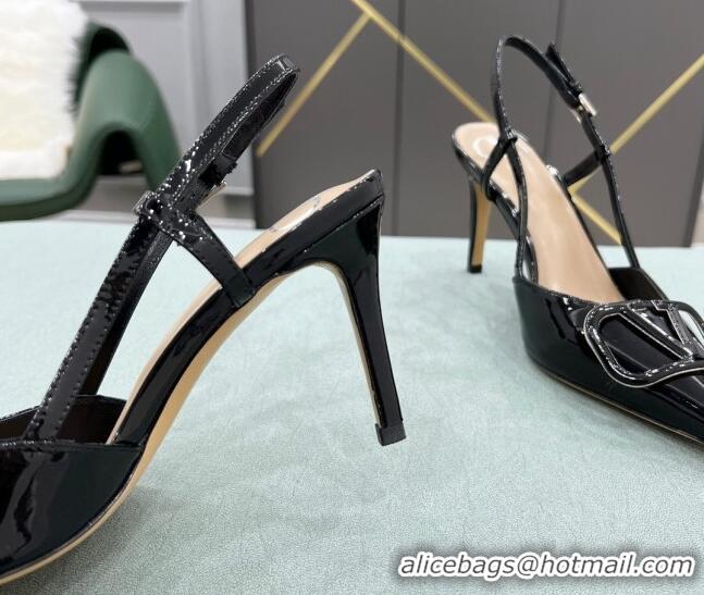 Low Cost Valentino VLOGO SIGNATURE Patent Leather Slingback Pump with 8cm Heel Black 0106054