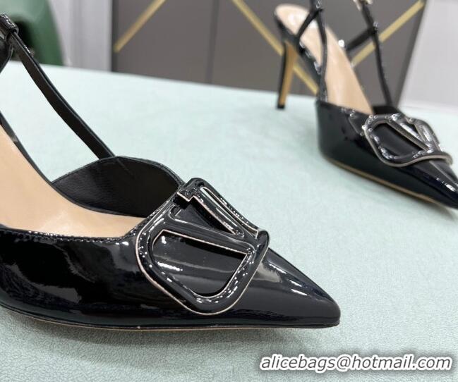 Low Cost Valentino VLOGO SIGNATURE Patent Leather Slingback Pump with 8cm Heel Black 0106054