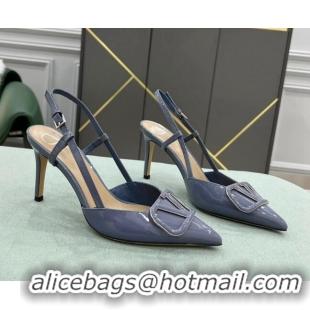 Good Product Valentino VLOGO SIGNATURE Patent Leather Slingback Pump with 8cm Heel Blue 0106055