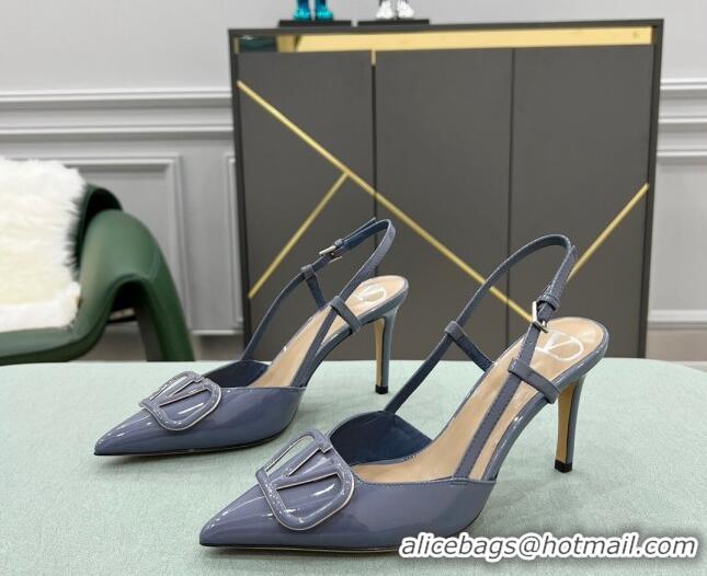 Good Product Valentino VLOGO SIGNATURE Patent Leather Slingback Pump with 8cm Heel Blue 0106055