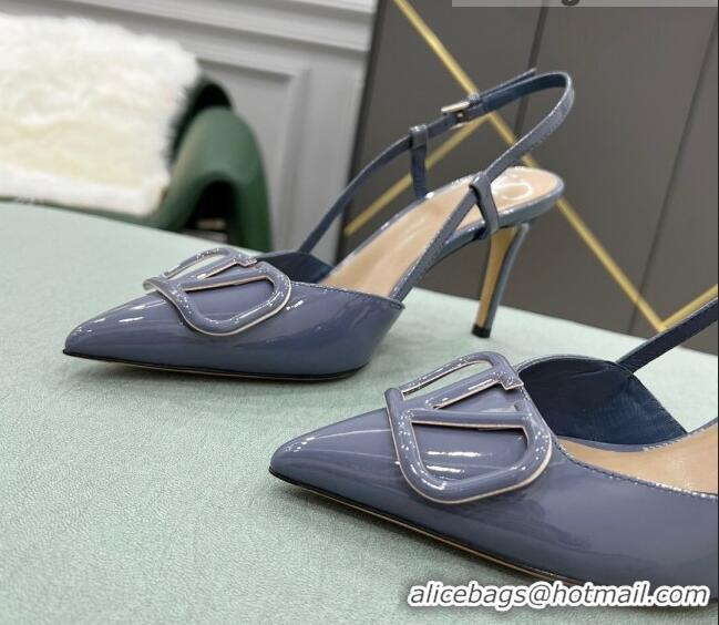 Good Product Valentino VLOGO SIGNATURE Patent Leather Slingback Pump with 8cm Heel Blue 0106055