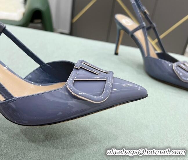 Good Product Valentino VLOGO SIGNATURE Patent Leather Slingback Pump with 8cm Heel Blue 0106055