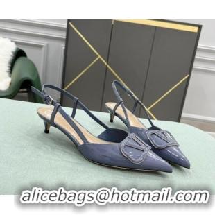 Shop Valentino VLOGO SIGNATURE Patent Leather Slingback Pump with 4cm Heel Blue 0106058