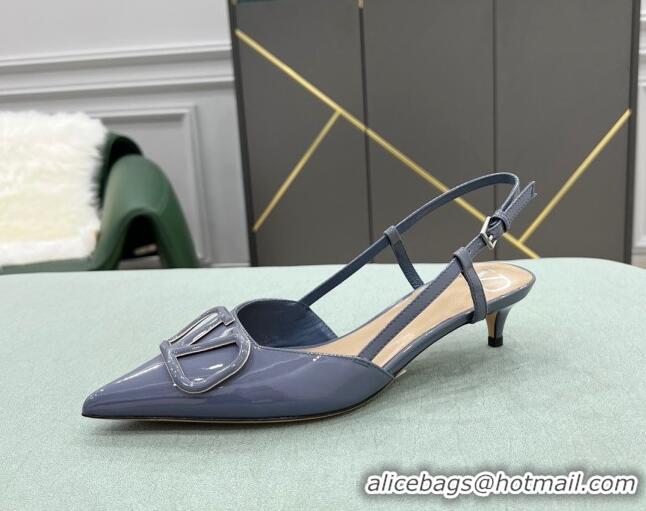 Shop Valentino VLOGO SIGNATURE Patent Leather Slingback Pump with 4cm Heel Blue 0106058