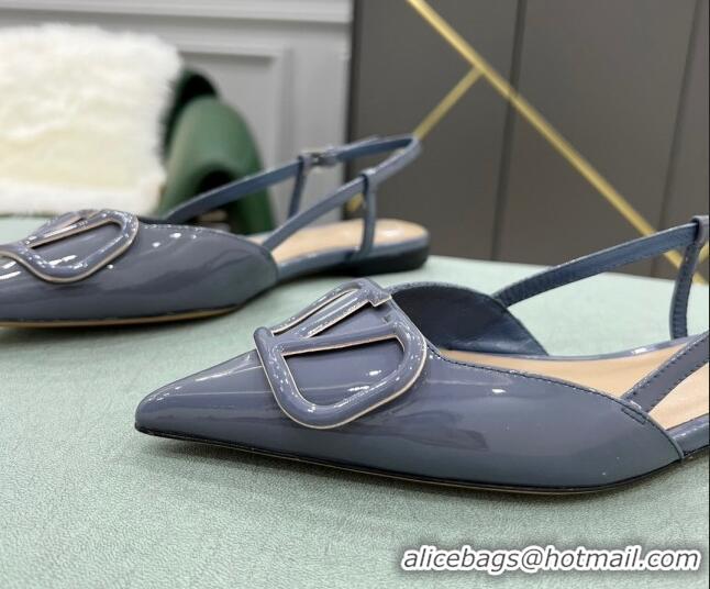 Low Cost Valentino VLOGO SIGNATURE Patent Leather Slingback Flat Ballerina Blue 0106059