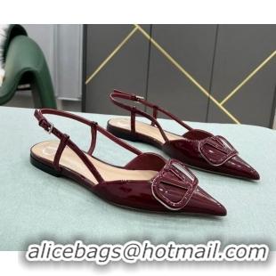 Unique Grade Valentino VLOGO SIGNATURE Patent Leather Slingback Flat Ballerina Burgundy 0106062