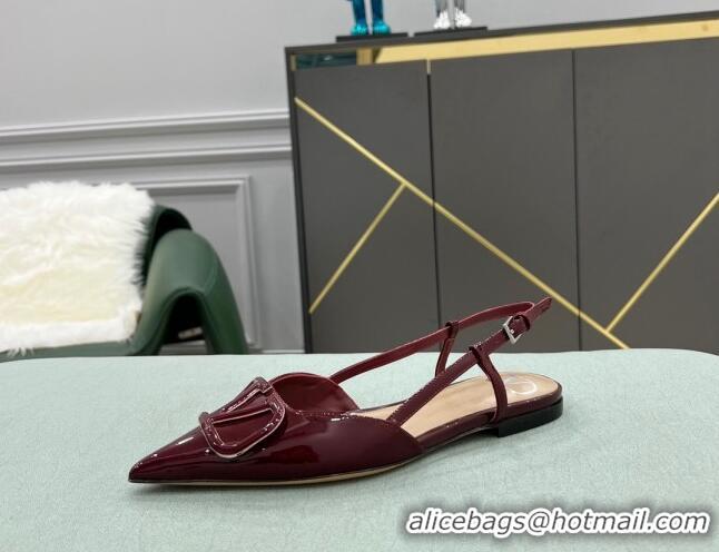 Unique Grade Valentino VLOGO SIGNATURE Patent Leather Slingback Flat Ballerina Burgundy 0106062