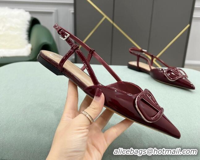 Unique Grade Valentino VLOGO SIGNATURE Patent Leather Slingback Flat Ballerina Burgundy 0106062