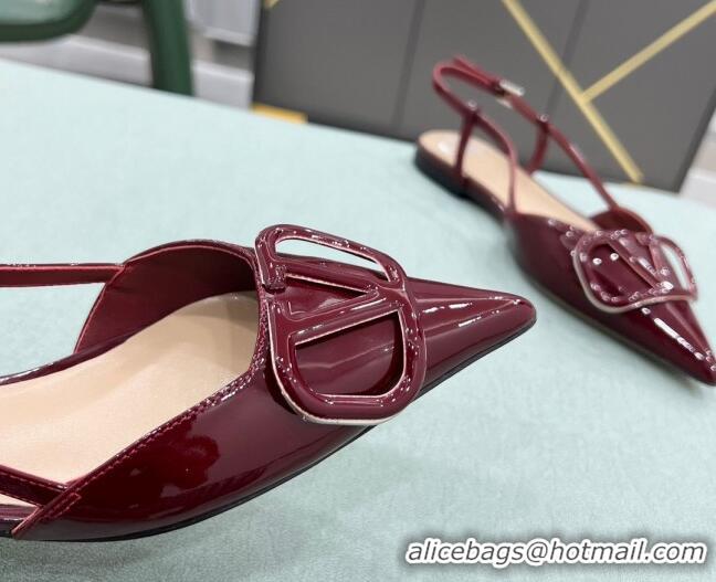 Unique Grade Valentino VLOGO SIGNATURE Patent Leather Slingback Flat Ballerina Burgundy 0106062