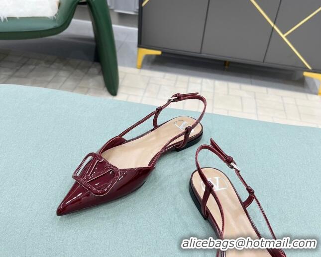 Unique Grade Valentino VLOGO SIGNATURE Patent Leather Slingback Flat Ballerina Burgundy 0106062