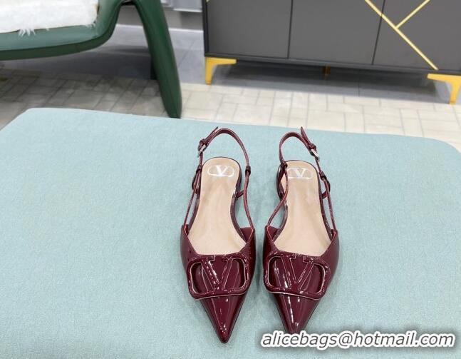 Unique Grade Valentino VLOGO SIGNATURE Patent Leather Slingback Flat Ballerina Burgundy 0106062