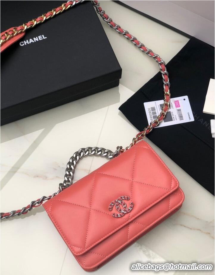 Good Quality Chanel 19 Classic Sheepskin Leather Chain Wallet AP0957 pink& silver-Tone Metal