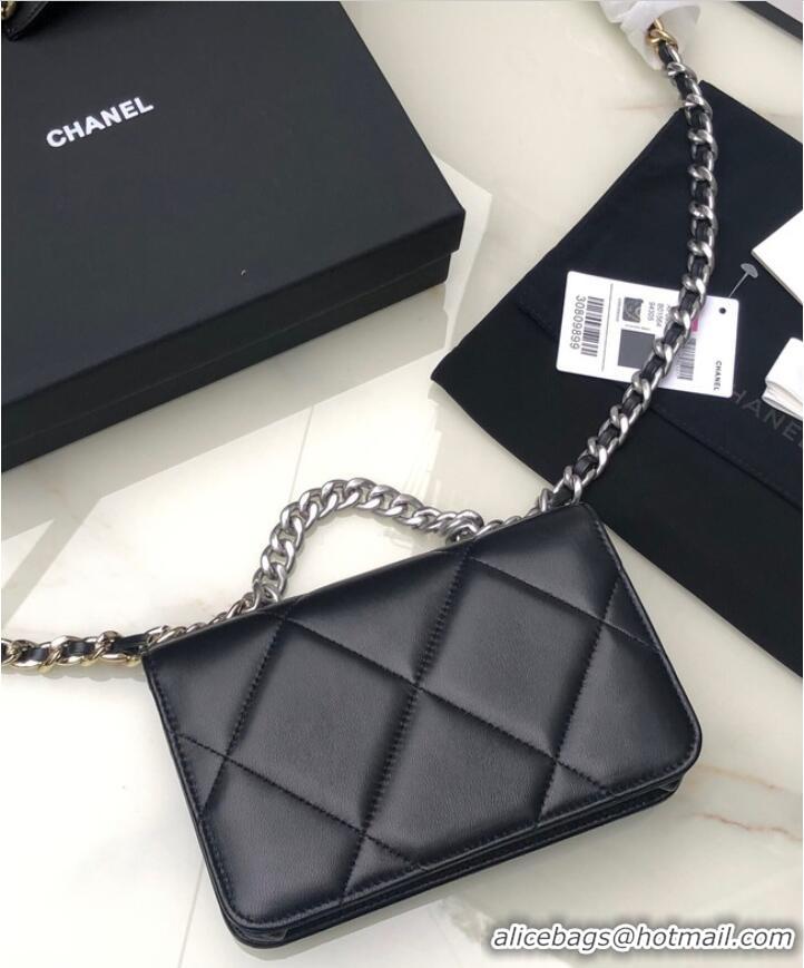 Top Quality Chanel 19 Classic Sheepskin Leather Chain Wallet AP0957 black& silver-Tone Metal