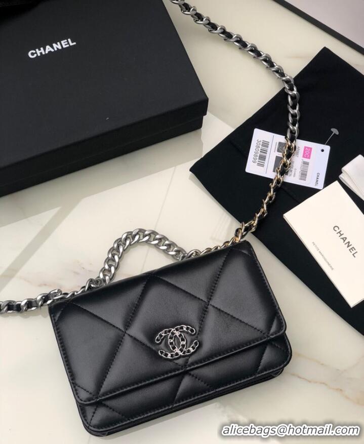 Top Quality Chanel 19 Classic Sheepskin Leather Chain Wallet AP0957 black& silver-Tone Metal