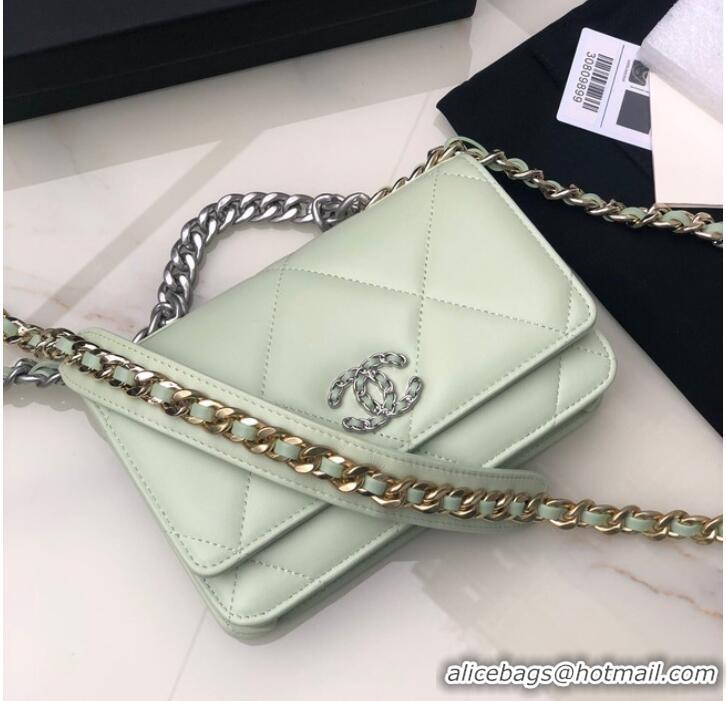 Top Quality Chanel 19 Classic Sheepskin Leather Chain Wallet AP0957 light green& silver-Tone Metal