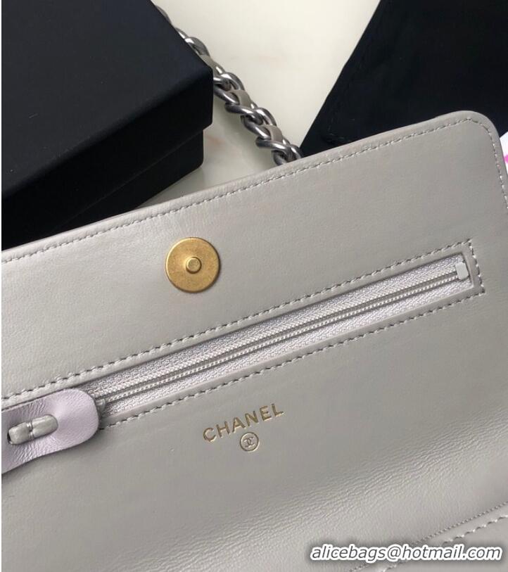 Trendy Design Chanel 19 Classic Sheepskin Leather Chain Wallet AP0957 light gray& silver-Tone Metal