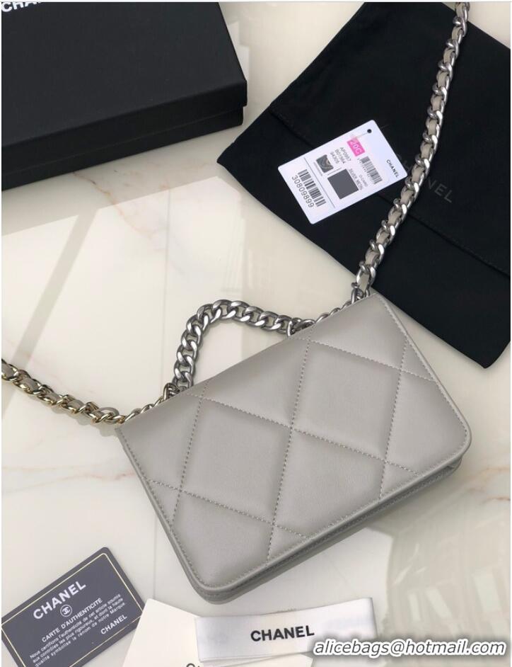 Trendy Design Chanel 19 Classic Sheepskin Leather Chain Wallet AP0957 light gray& silver-Tone Metal