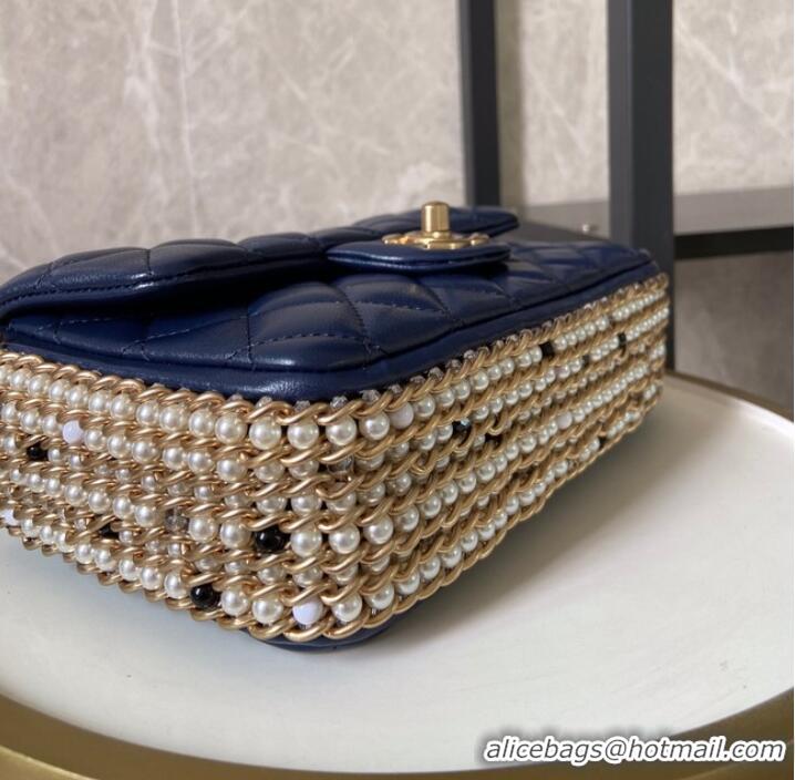 Pretty Style Chanel classic handbag Lambskin &Imitation Pearls& gold Metal AS1740 blue