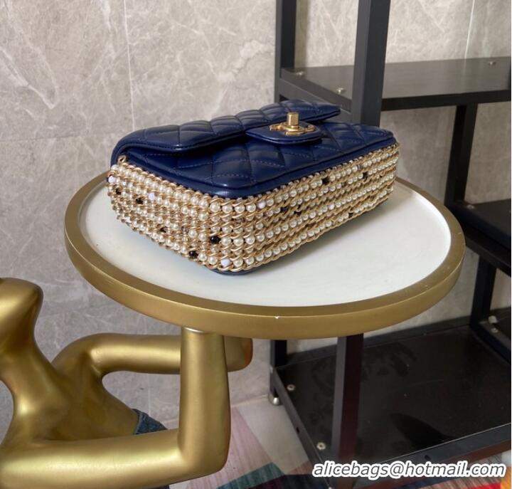 Pretty Style Chanel classic handbag Lambskin &Imitation Pearls& gold Metal AS1740 blue