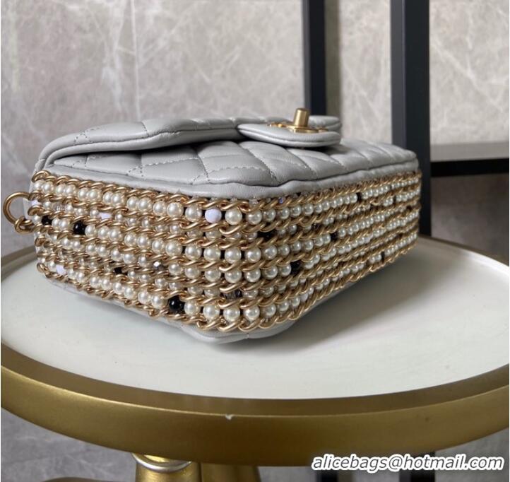 Inexpensive Chanel classic handbag Lambskin &Imitation Pearls& gold Metal AS1740 light gray