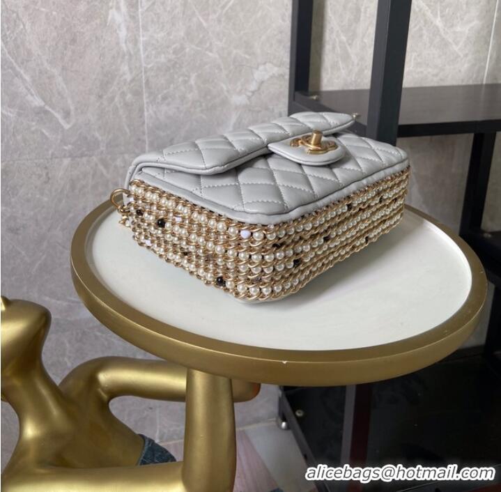 Inexpensive Chanel classic handbag Lambskin &Imitation Pearls& gold Metal AS1740 light gray