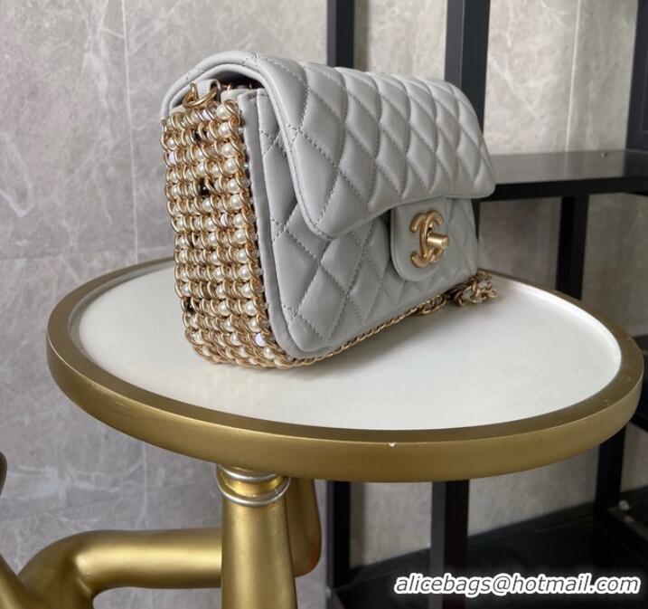 Inexpensive Chanel classic handbag Lambskin &Imitation Pearls& gold Metal AS1740 light gray