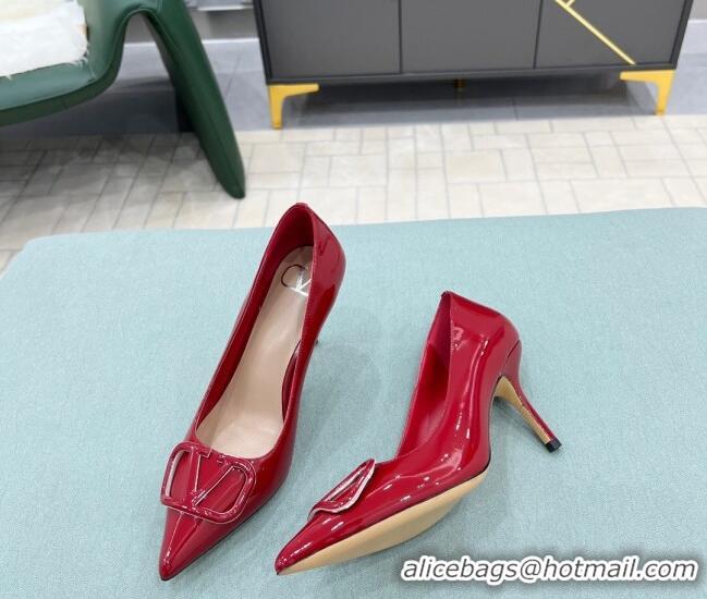 Low Price Valentino VLOGO SIGNATURE Patent Leather Pump with 8cm Heel Deep Red 0107057