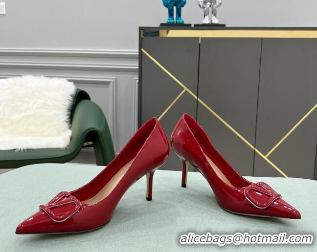 Low Price Valentino VLOGO SIGNATURE Patent Leather Pump with 8cm Heel Deep Red 0107057