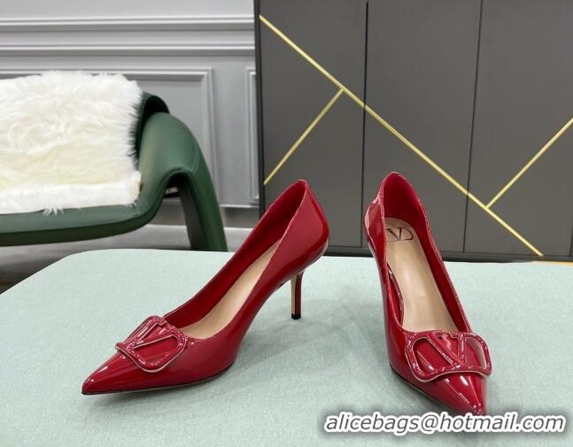 Low Price Valentino VLOGO SIGNATURE Patent Leather Pump with 8cm Heel Deep Red 0107057