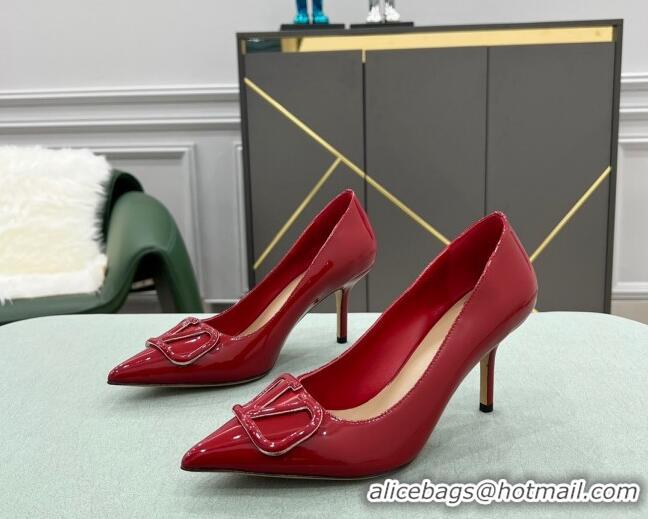 Low Price Valentino VLOGO SIGNATURE Patent Leather Pump with 8cm Heel Deep Red 0107057