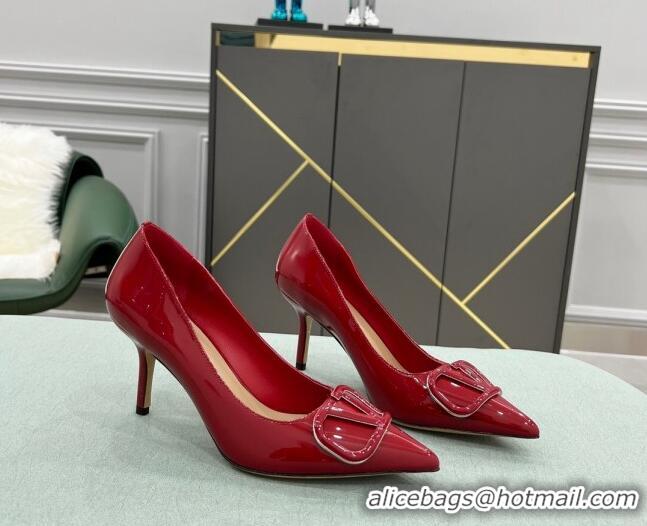 Low Price Valentino VLOGO SIGNATURE Patent Leather Pump with 8cm Heel Deep Red 0107057