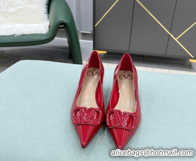 Low Price Valentino VLOGO SIGNATURE Patent Leather Pump with 4cm Heel Deep Red 0107057