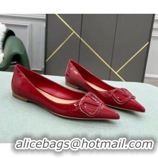 Discount Valentino VLOGO SIGNATURE Patent Leather Flat Ballerina Deep Red 0107057