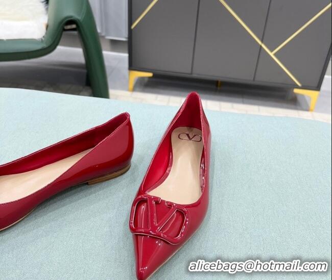 Discount Valentino VLOGO SIGNATURE Patent Leather Flat Ballerina Deep Red 0107057