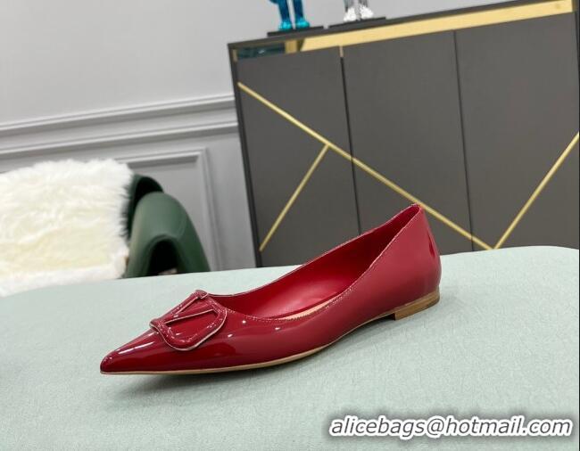 Discount Valentino VLOGO SIGNATURE Patent Leather Flat Ballerina Deep Red 0107057