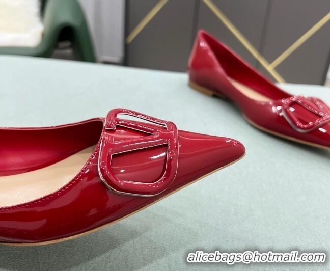 Discount Valentino VLOGO SIGNATURE Patent Leather Flat Ballerina Deep Red 0107057