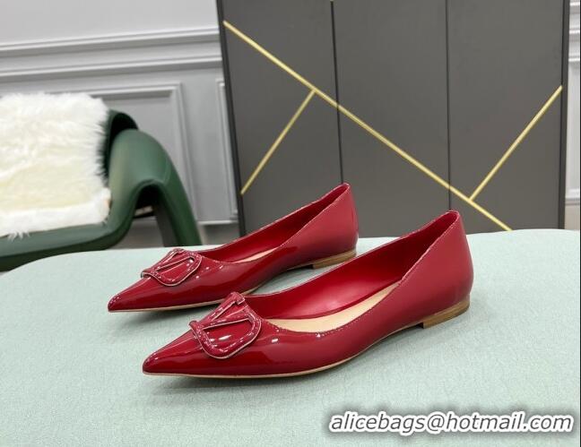 Discount Valentino VLOGO SIGNATURE Patent Leather Flat Ballerina Deep Red 0107057