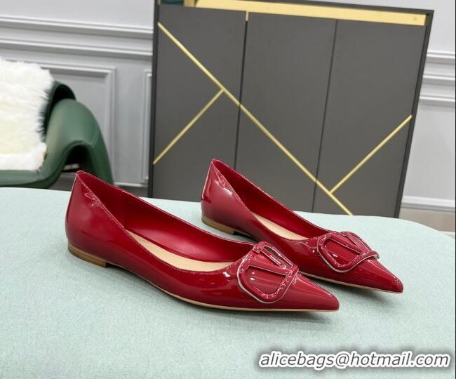 Discount Valentino VLOGO SIGNATURE Patent Leather Flat Ballerina Deep Red 0107057